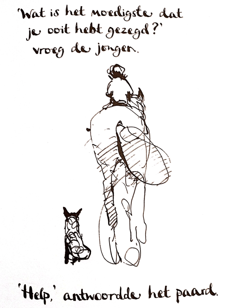 Illustratie van een jongen, mol, vos en paard. De jongen vraagt: Wat is het moedigste dat je ooit hebt gezegd? Help, antwoordde het paard.